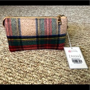 NWT Jen & Co. plaid clutch with optional wristlet or shoulder strap attachments.